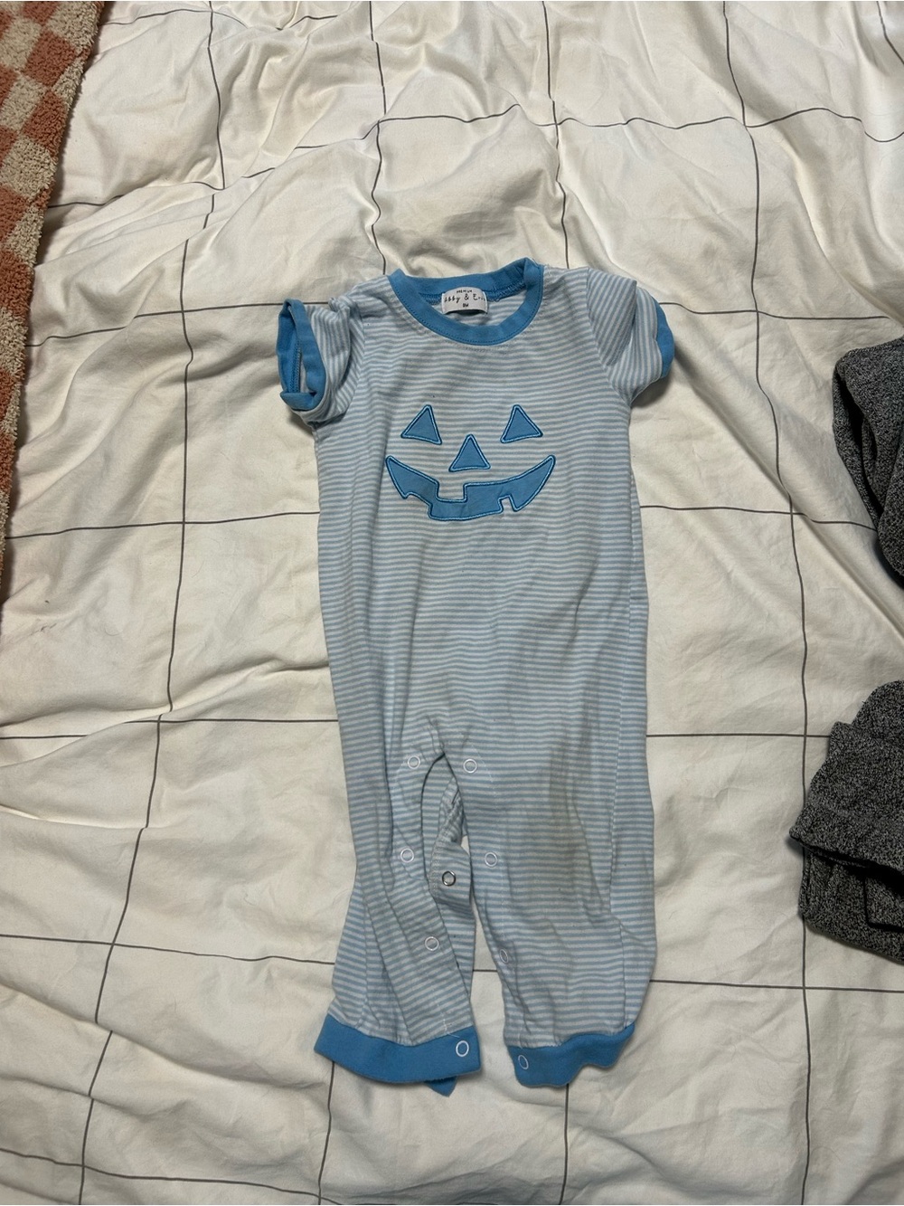 Blue Striped Pumpkin Face Baby Footie Romper